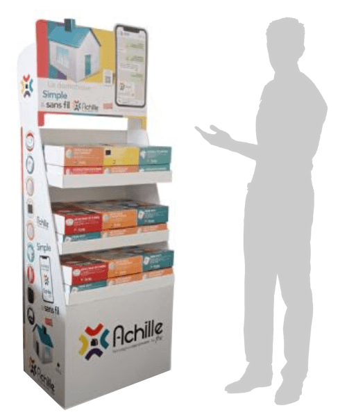 Box à étagères - Présentoir PLV de sol en carton avec deux étagères, un bac distributeur et un fronton silhouette
