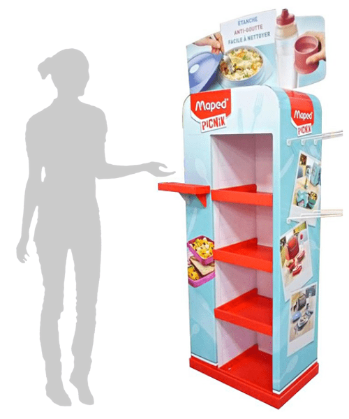 Présentoir à tablettes - Exemple de box plv carton de sol avec broches et étagères