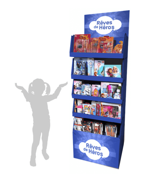 Présentoir jouets et jeux - Box à barquettes ou bacs empilables - PLV de sol en carton sur mesure
