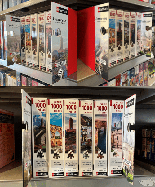 exemple de PLV stop-rayon associée à une boîte vendeuse pour un meilleur merchandising de linéaire - PLV jeux de société puzzle