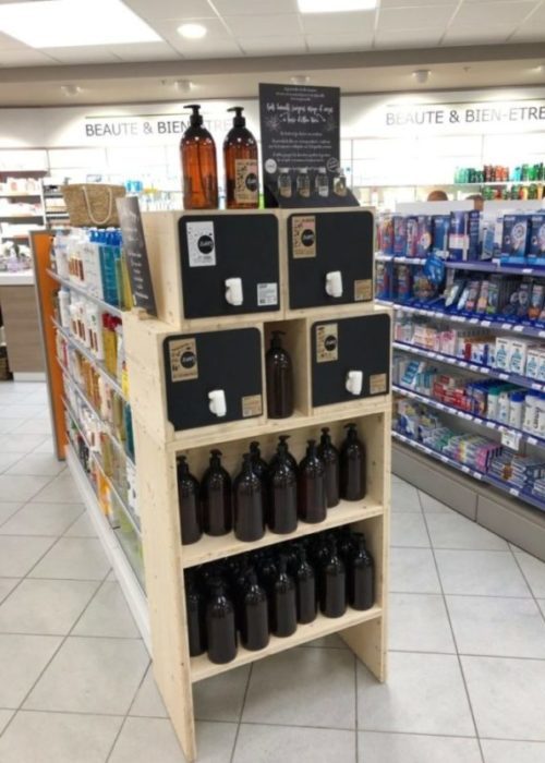 Distributeur vrac en bois naturel personnalisable - Présentoir magasin bio, pharmacie, épicerie vrac - PLV bois sur mesure