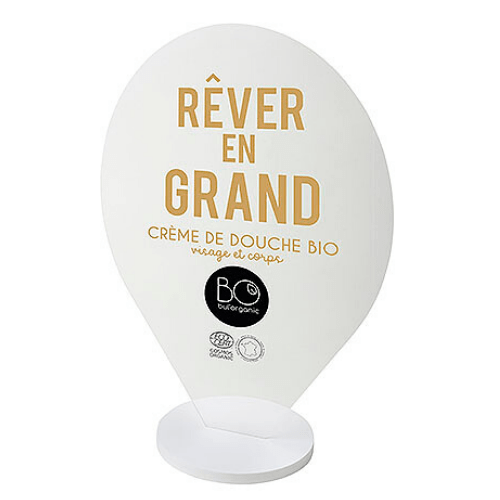 PLV plexiglas Totem transparent forme bulle et socle en bois - présentoir PLV de comptoir sur mesure pour cosmétique bio vrac en pharmacie
