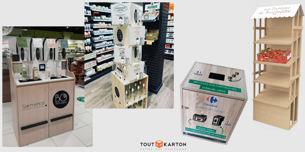 Galerie de PLV bois sur-mesure : présentoir étagère et collecteur recyclage durable pour la pharmacie, les cosmétiques en vrac, l'épicerie et les déchets recyclables (cartouches encre, bouchons, cartons)