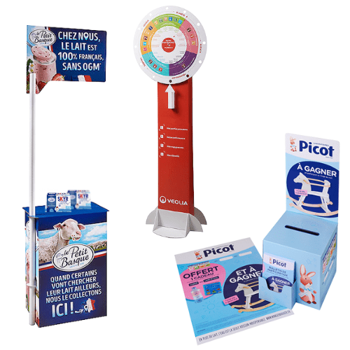 Exemples de PLV pour stand d'animation commerciale : comptoir de dégustation, roue de la fortune, urne de jeu-concours