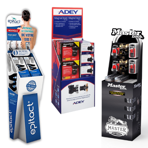 Exemples de PLV tête de gondole, présentoirs de sol, display de sol, box de sol
