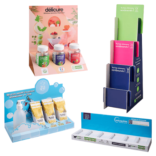 Exemples de supports PLV de caisse et de comptoir : présentoir de produits et porte-flyers