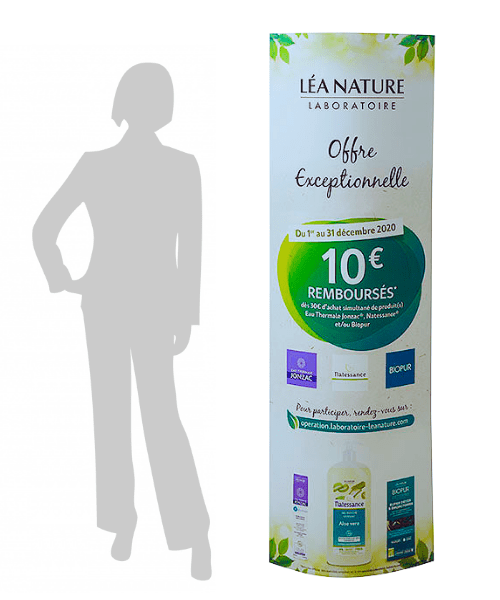 PLV totem elliptique en carton cosmétique bio et naturel grande distribution