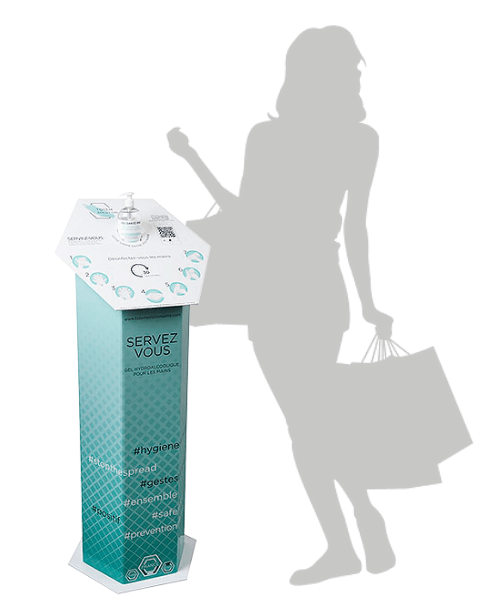 Présentoir pour gel hydroalcoolique - totem PLV personnalisable - distributeur made in France mobile durable léger pédagogique