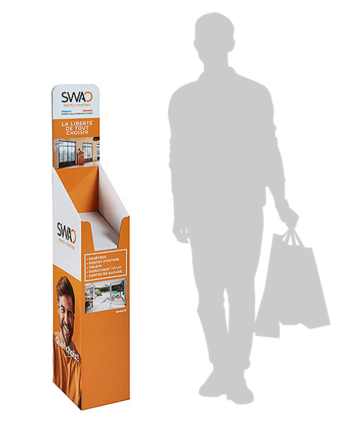 Présentoir pour catalogues brochures magazines - PLV de sol en carton sur mesure entièrement personnalisable
