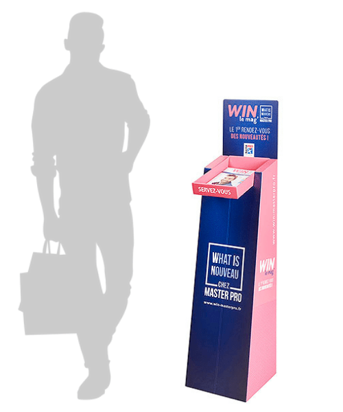 Présentoir pour magazines, revues publicitaires sur pied - PLV display de sol en carton sur mesure