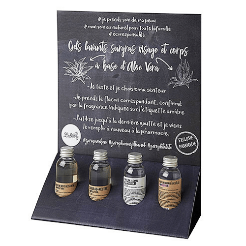 Présentoir testeur de produits cosmétiques naturels - PLV de comptoir en carton sur mesure réalisé pour Lab@bulles, gel douche vrac en pharmacie