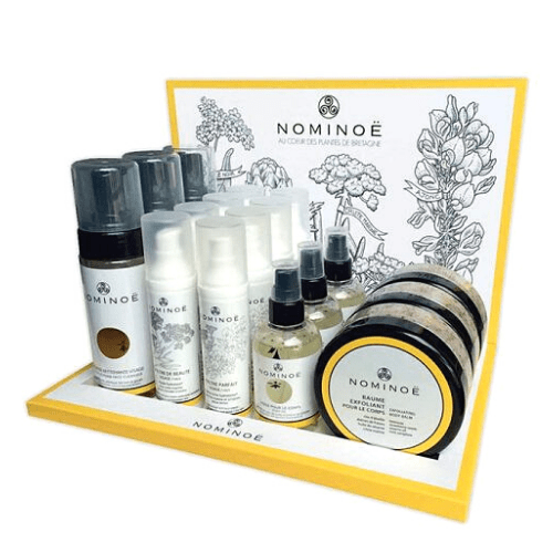 Présentoir pour produits cosmétiques naturels et biologiques en pharmacie et parfumerie - PLV de comptoir carton sur mesure