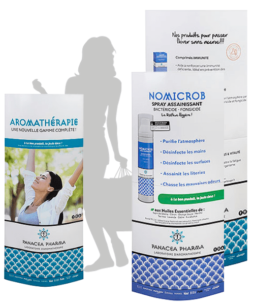 Totem carton pliable petit et grand format - PLV totem elliptique sur mesure - Présentoir PLV pharmacie aromathérapie