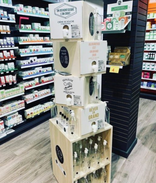 présentoir distributeur vrac liquide cosmétique pharmacie bul'organic