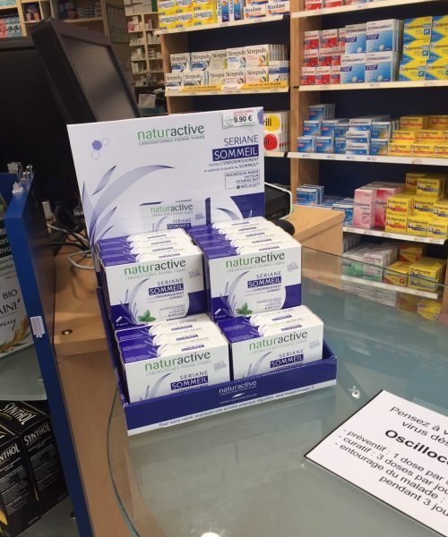 Présentoir pharmacie PLV de comptoir en carton