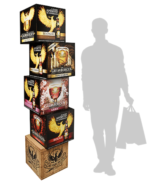 PLV totem cubes carton théâtralisation bière grande distribution