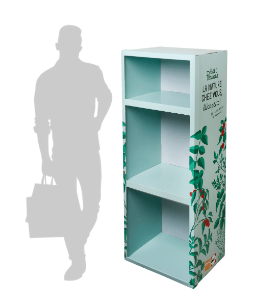 Meuble PLV carton compact - box 2 étagères 3 grands casiers pour produits conditionnés en coffret