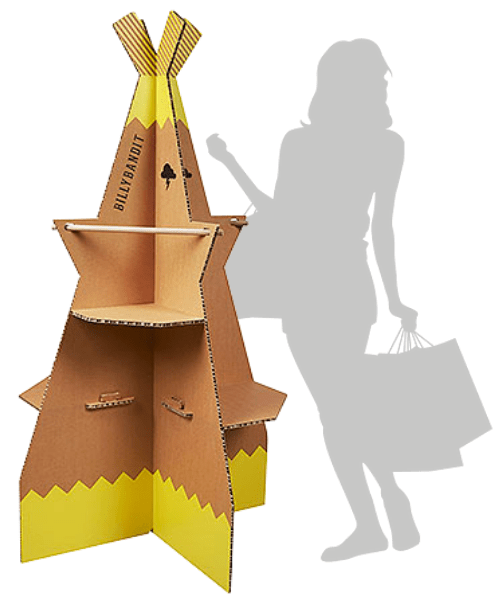 PLV reboard carton alvéolaire résistant et durable - Présentoir tipi pour prêt-à-porter - Théâtralisation PLV sur mesure