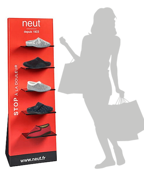 PLV chaussures - présentoir à tablettes en carton sur mesure pour chaussures orthopédiques - Display de sol pour la pharmacie et magasin de matériel médical