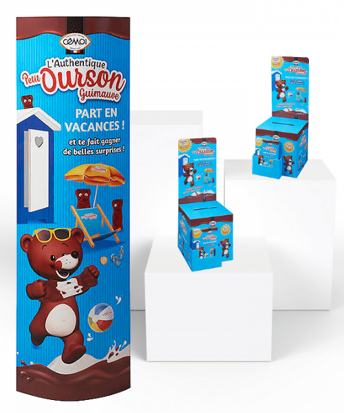 kit plv carton alimentation rayon épicerie sucrée bonbon : totem pliable et urne carton pour jeu concours