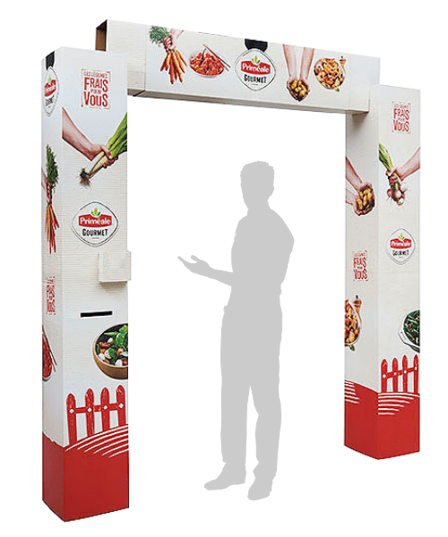 arche PLV carton télescopique avec fronton modulable pour la théâtralisation bacs frais en grande distribution