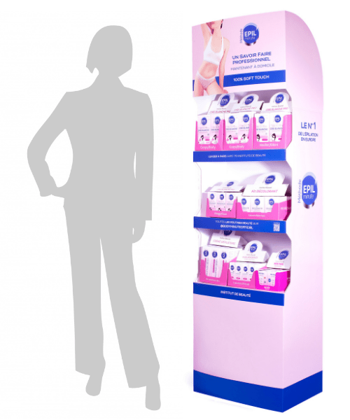 Présentoir à étagères en carton PLV sur-mesure - exemple de display de sol étagé pour produits cosmétiques en institut de beauté