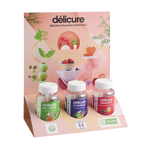 Glorifieur présentoir carton pour compléments alimentaires gummies véganes en pharmacie institut de beauté et magasin bio