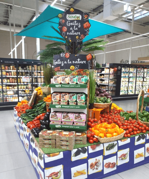 PLV fronton carrousel carton pour habillage de bac fruits et légumes en grande surface