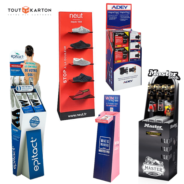 Exemples de présentoirs PLV de sol en carton sur-mesure made in France