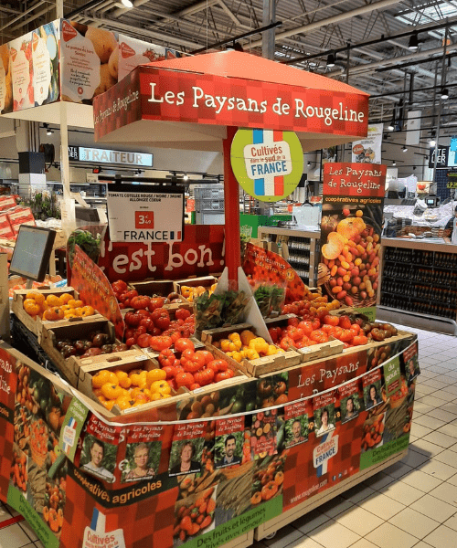 Fronton parasol pour bac fruits et légumes grande distribution. Carrousel PLV carton sur mesure format parasol