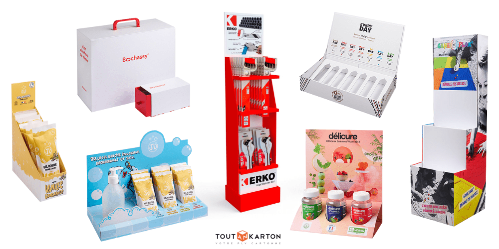 Présentoirs de produits : PLV de sol, PLV de comptoir, coffret présentoir d'échantillons