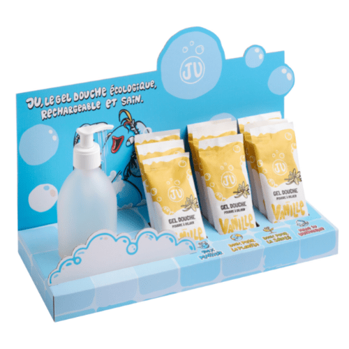 PLV cosmétique hygiène pharmacie - présentoir de comptoir carton pour gel douche à diluer certifié naturel. flacon réutilisable. Recharge en poudre