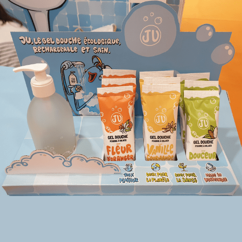 PLV de comptoir carton gel douche cosmétique écologique à diluer