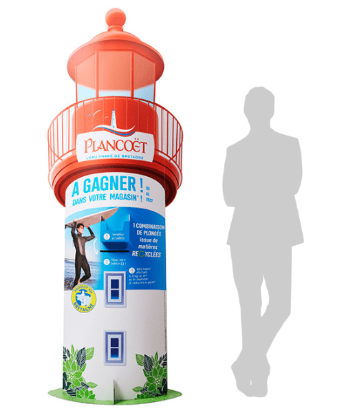 PLV totem carton en forme de phare format géant - plv d'animation jeu concours et de théâtralisation en îlot promotionnel