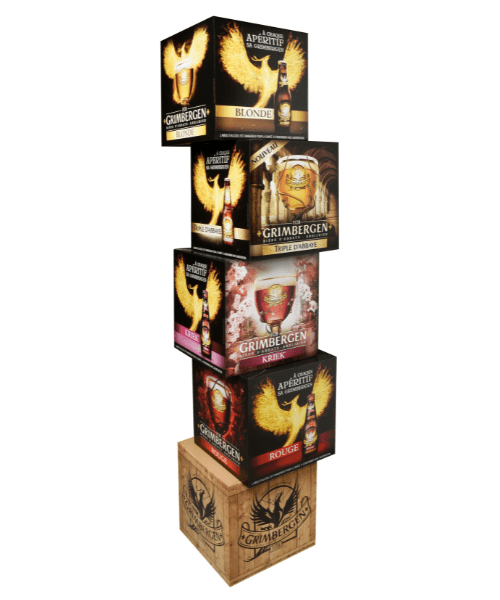 PLV totem cubes carton bières grande distribution