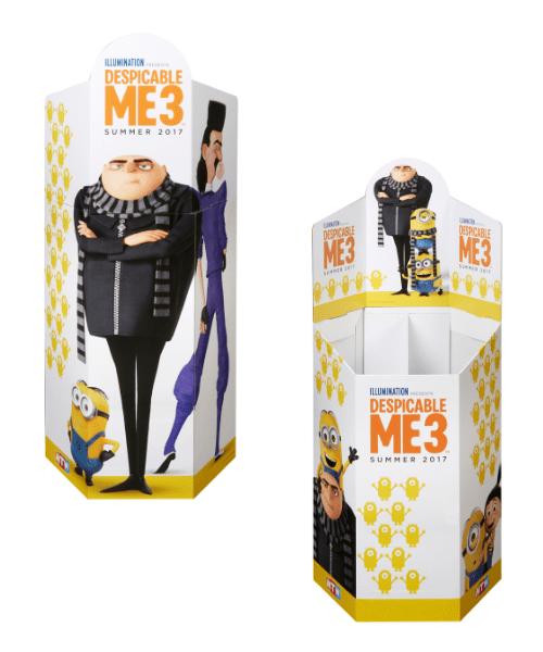 bac à fouille en carton PLV sur mesure présentation en vrac peluche les Minions