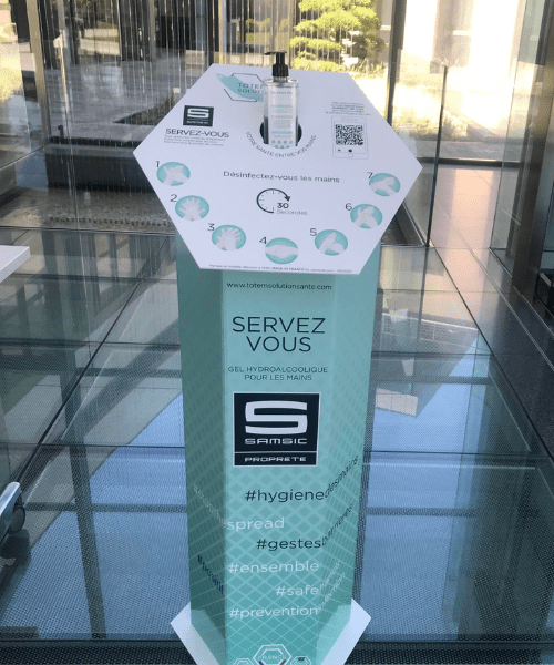 plv présentoir de gel hydroalcoolique en carton personnalisable