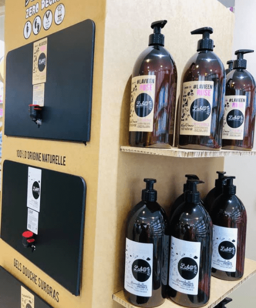 plv présentoir vrac en carton alvéolaire gel douche pharmacie