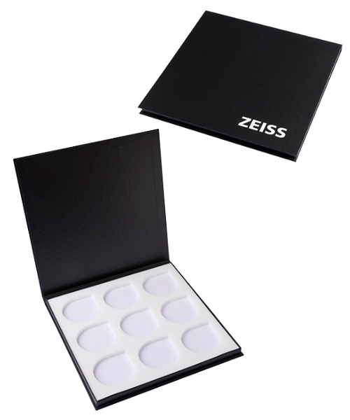 Coffret de présentation en carton rembordé avec rabat aimanté pour échantillonnage verres optiques - grand packaging carton sur mesure haut de gamme