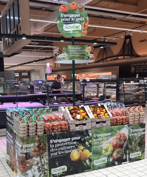 plv fronton carrousel pour ilot légumes frais en grande distribution