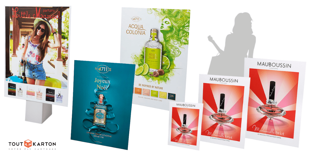 PLV parfumerie : exemples de panneaux de vitrine et de chevalets en carton pour cosmétiques, maquillage, parfums