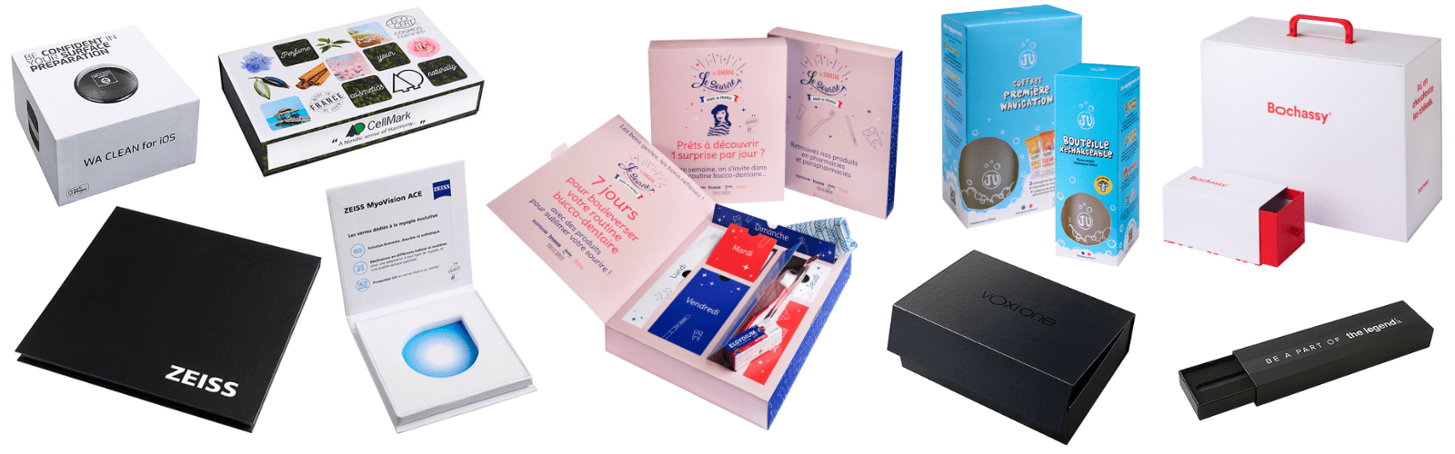 Packaging boîte coffret carton sur mesure : exemples de welcome pack, coffret de présentation, boîte d'échantillons, valise de démonstration et coffret surprise type calendrier de l'avent