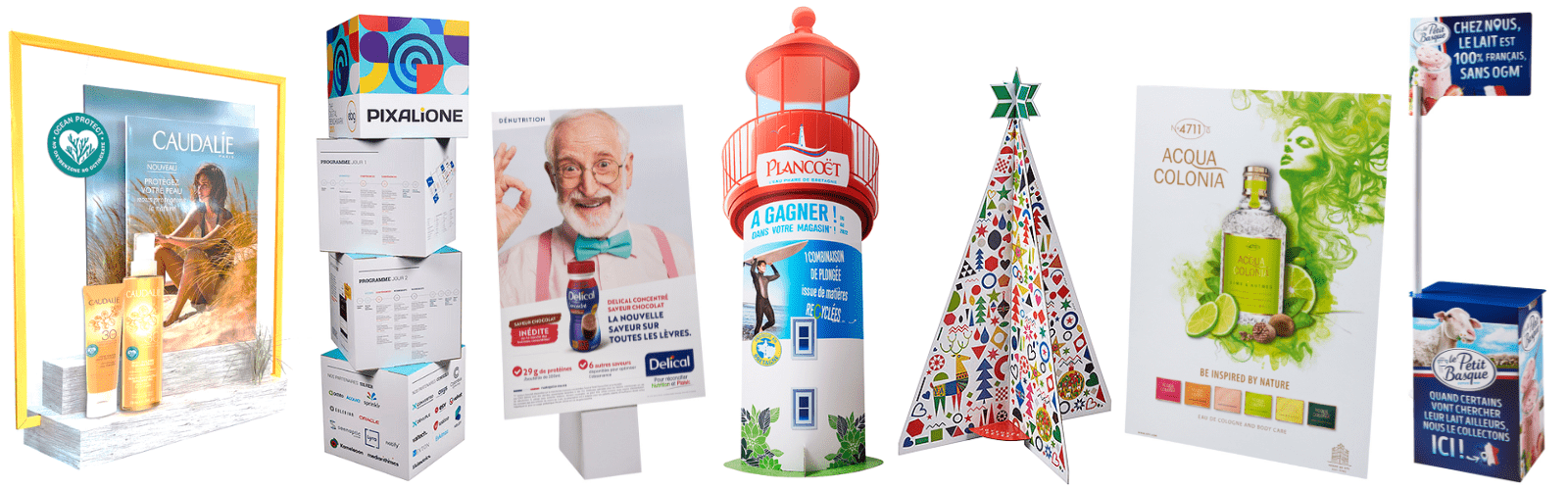 PLV de théâtralisation en carton sur-mesure de type totem, panneau chevalet et habillage vitrine grand format