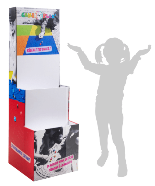 présentoir escalier double bac - plv de sol en carton sur-mesure - PLV jeux et jouets