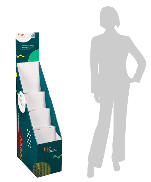 Présentoir de brochures en escalier, 4 marches, PLV de sol écologique en carton recyclé et recyclable. impression sur toutes les faces.