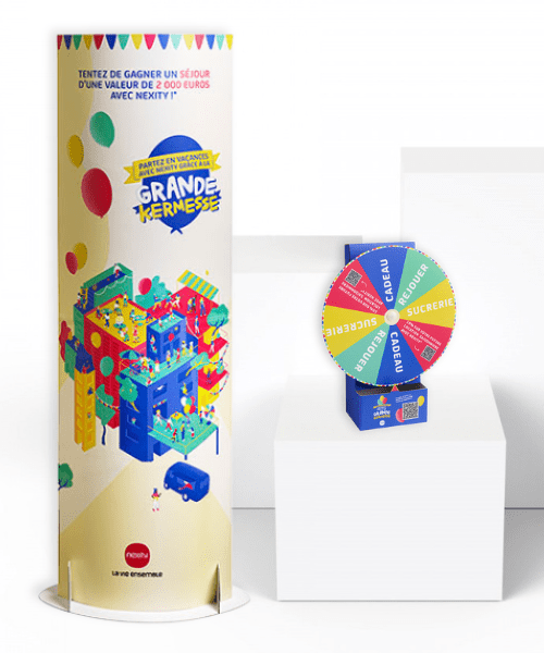 kit animation jeu concours en agence immobilière - PLV roue de la chance et présentoir totem en carton recyclé et recyclable