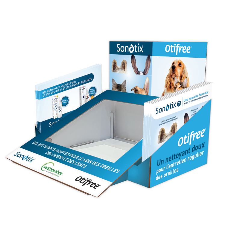 présentoir de comptoir pour produits vétérinaires - PLV clic-clac en carton personnalisable avec porte-flyers latéraux