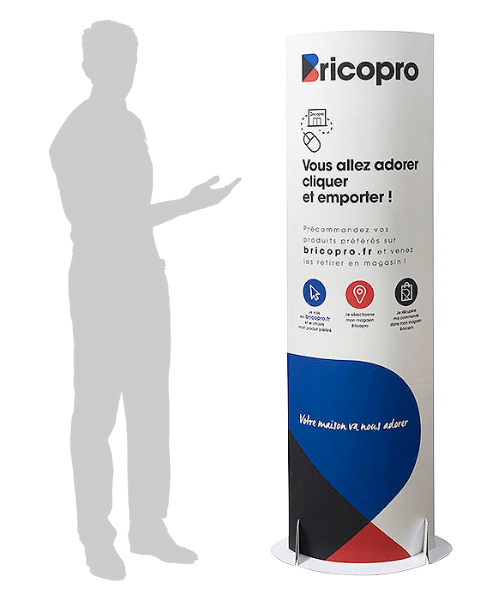 totem elliptique carton pour lancement de produit en magasin de bricolage