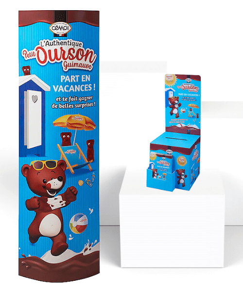 kit plv pour jeu-concours au rayon épicerie sucrée en grande distribution - totem elliptique - urne en carton avec porte-flyers