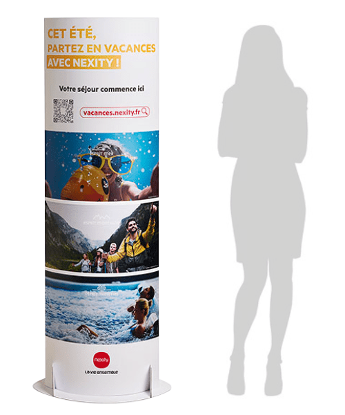totem elliptique en carton pour jeu-concours en agence immobilière